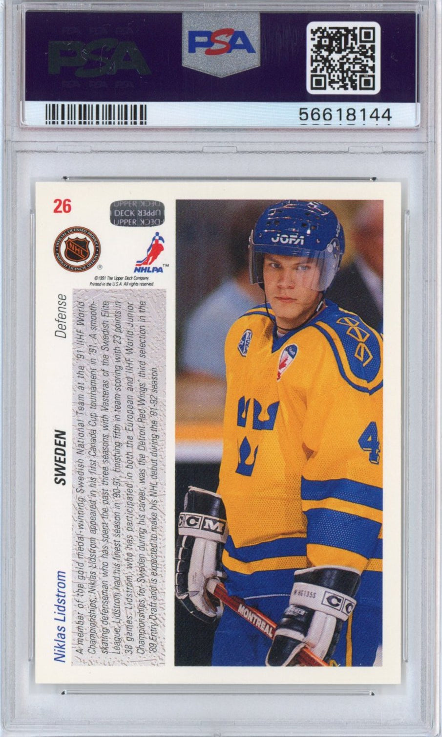 Graded 1991-92 Upper Deck UD Niklas Lidstrom #26 Rookie RC Hockey Card PSA 10 Gem Mint