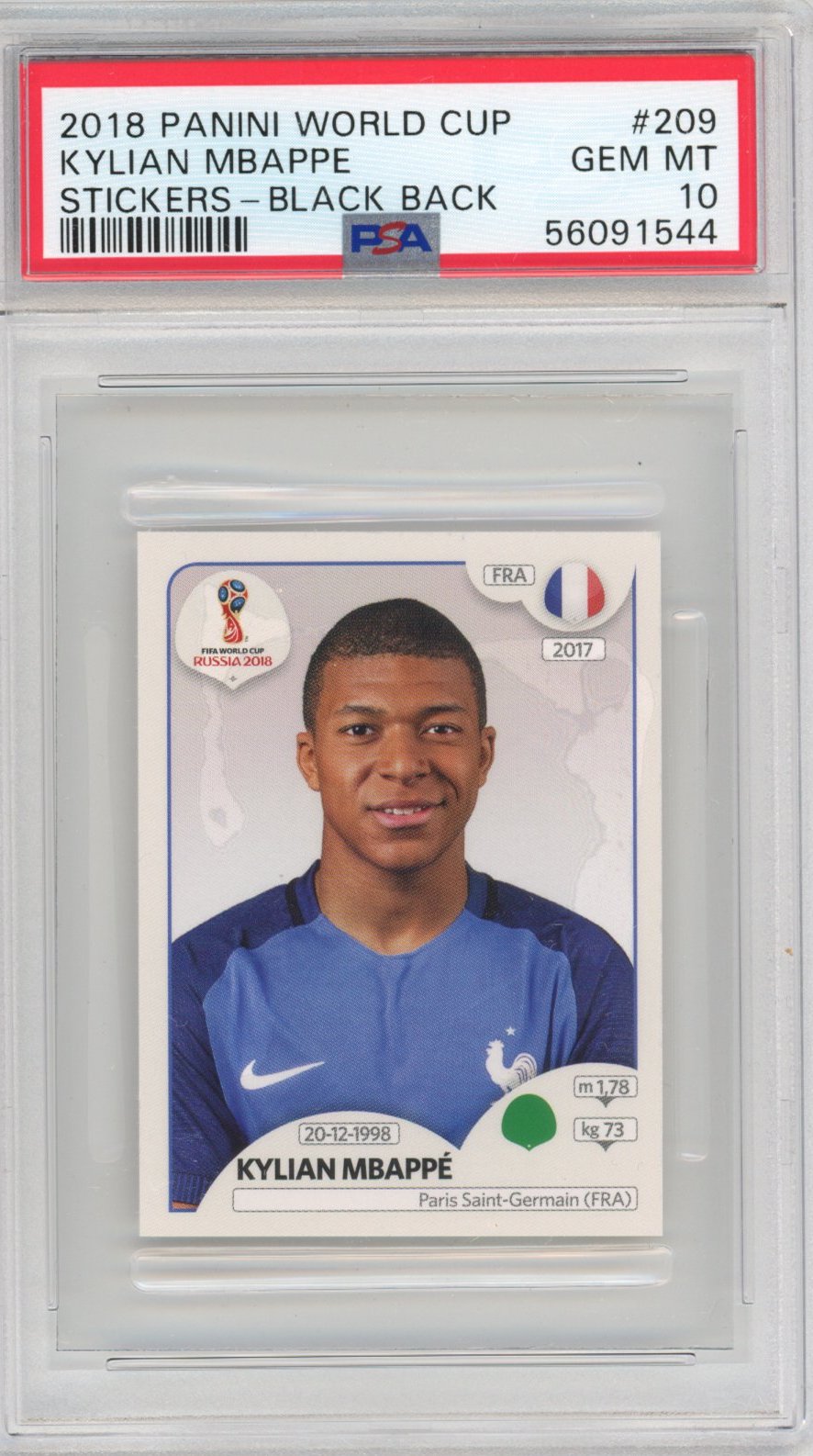 Graded 2018 Panini World Cup Kylian Mbappe #209 Stickers Black Back Rookie RC Soccer Card PSA 10 Gem Mint