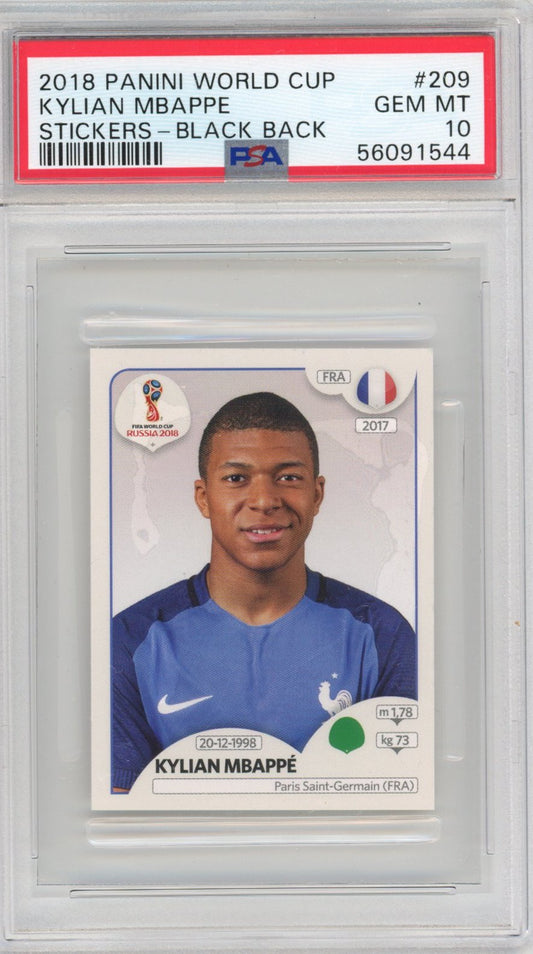 Graded 2018 Panini World Cup Kylian Mbappe #209 Stickers Black Back Rookie RC Soccer Card PSA 10 Gem Mint