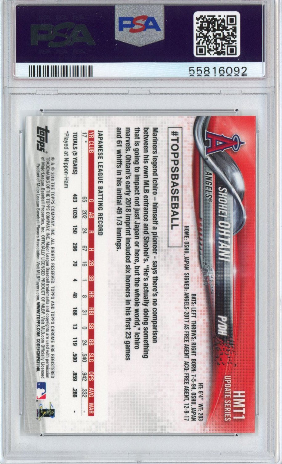 Graded 2018 Topps Chrome Update Shohei Ohtani #HMT1 Rookie RC Baseball Card PSA 10 Gem Mint