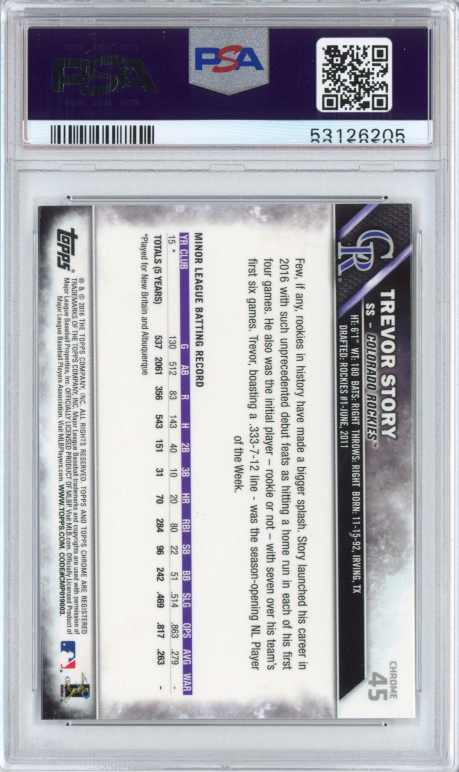 Graded 2016 Topps Chrome Trevor Story #45 Rookie RC Baseball Card PSA 10 Gem Mint