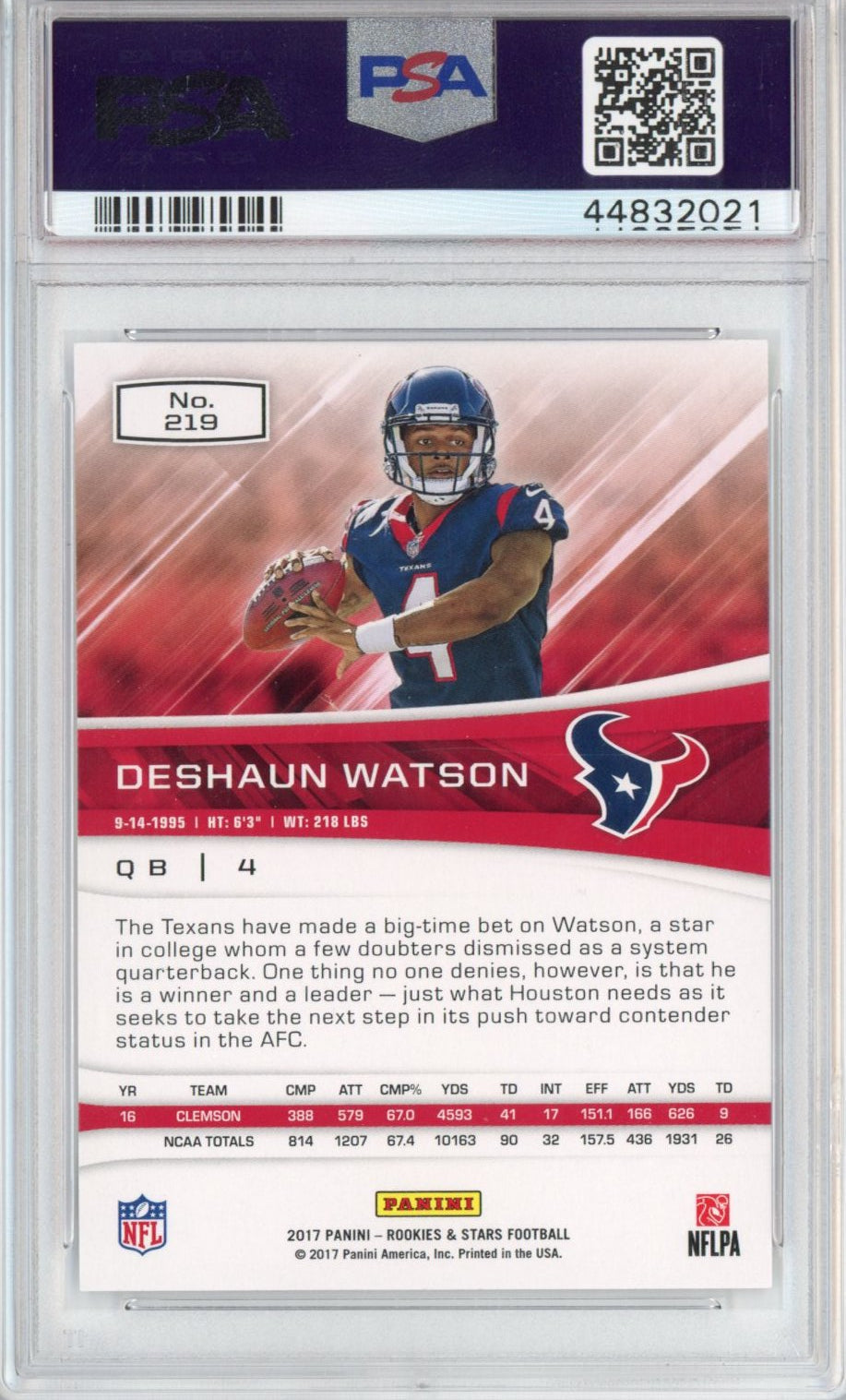 Graded 2017 Panini Rookies & Stars Deshaun Watson #219 Rookie RC Football Card PSA 10 Gem Mint