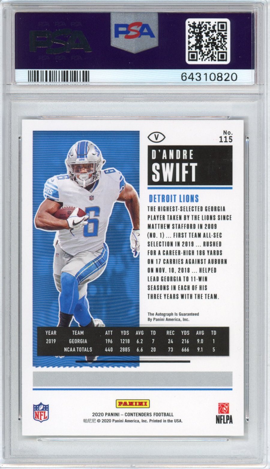 Graded 2020 Panini Contenders D'Andre Swift #115 Red Zone Team Helmet Autographed Auto Rookie Ticket RC Football Card PSA 10 Gem Mint