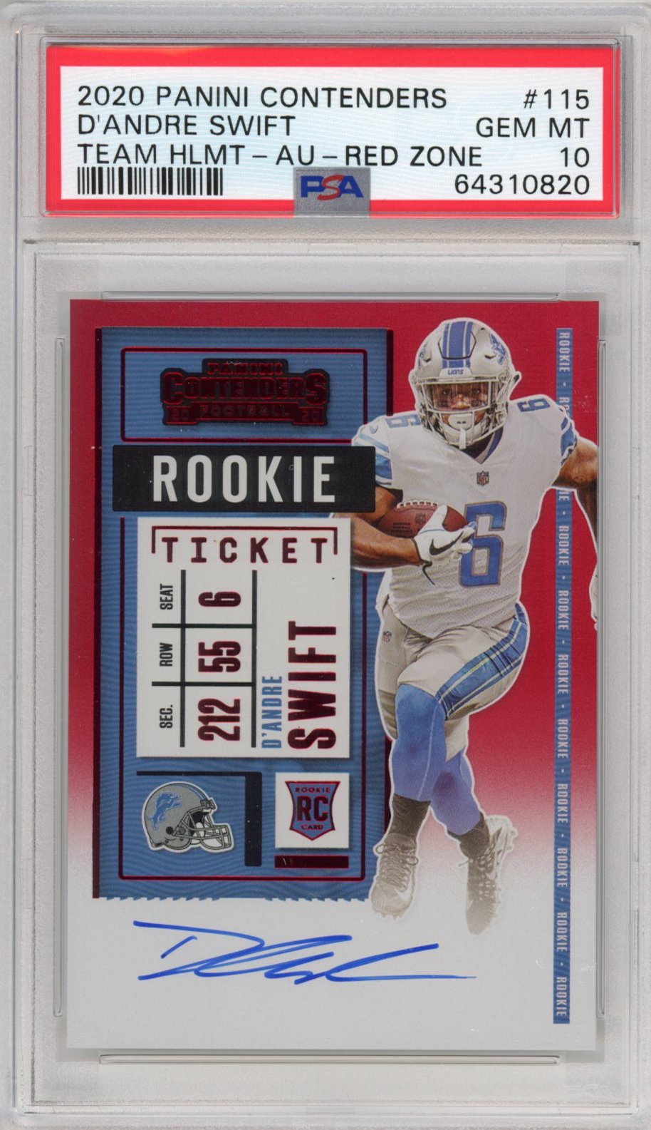 Graded 2020 Panini Contenders D'Andre Swift #115 Red Zone Team Helmet Autographed Auto Rookie Ticket RC Football Card PSA 10 Gem Mint