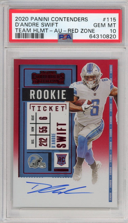 Graded 2020 Panini Contenders D'Andre Swift #115 Red Zone Team Helmet Autographed Auto Rookie Ticket RC Football Card PSA 10 Gem Mint