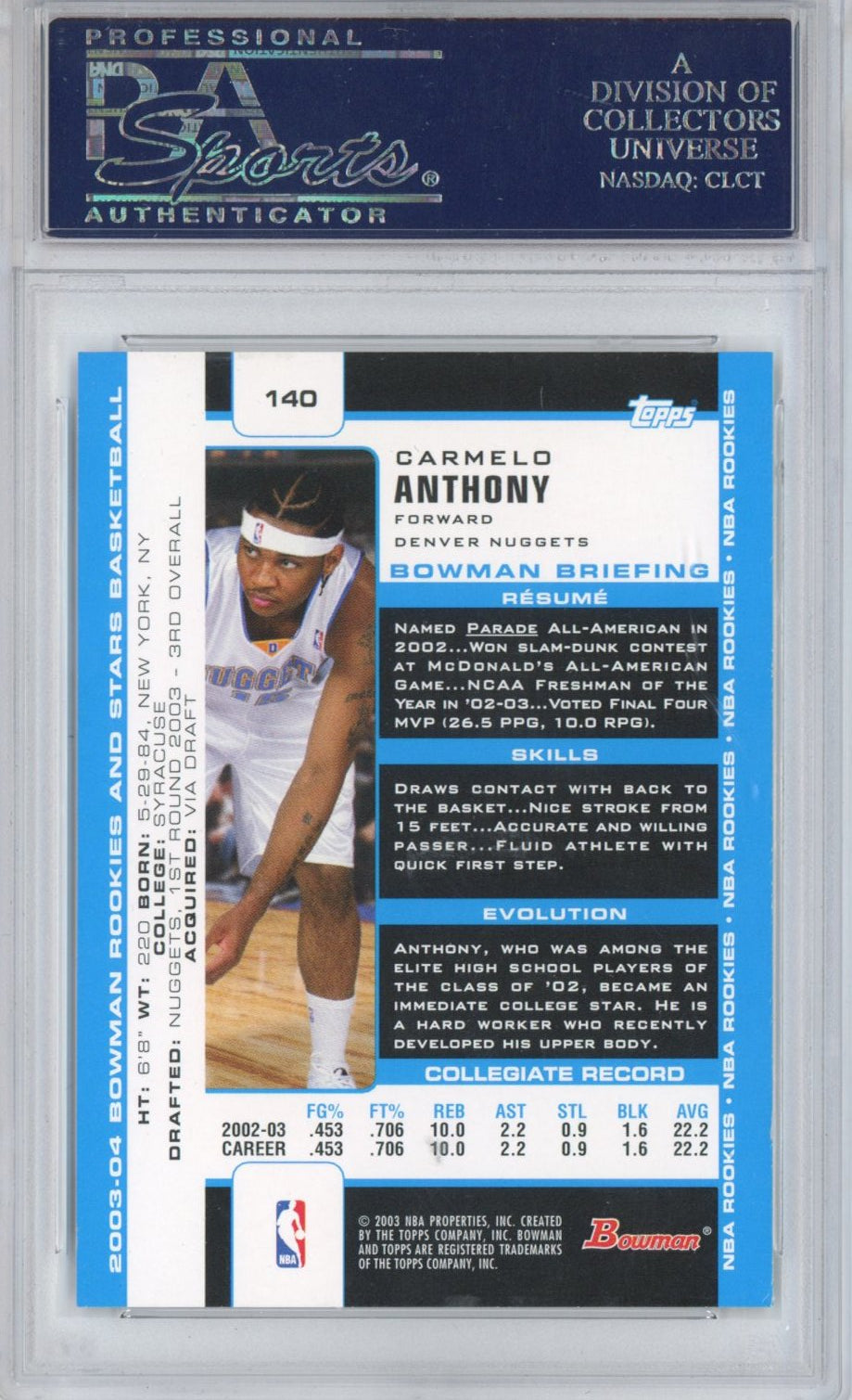 Graded 2003-04 Bowman Rookies & Stars Carmelo Anthony #140 Rookie RC Basketball Card PSA 10 Gem Mint