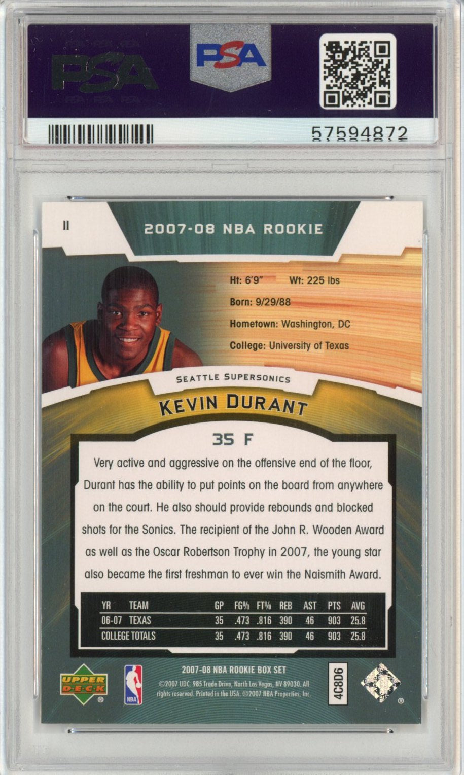 Graded 2007-08 Upper Deck UD Box Set Kevin Durant #11 Rookie RC Basketball Card PSA 10 Gem Mint