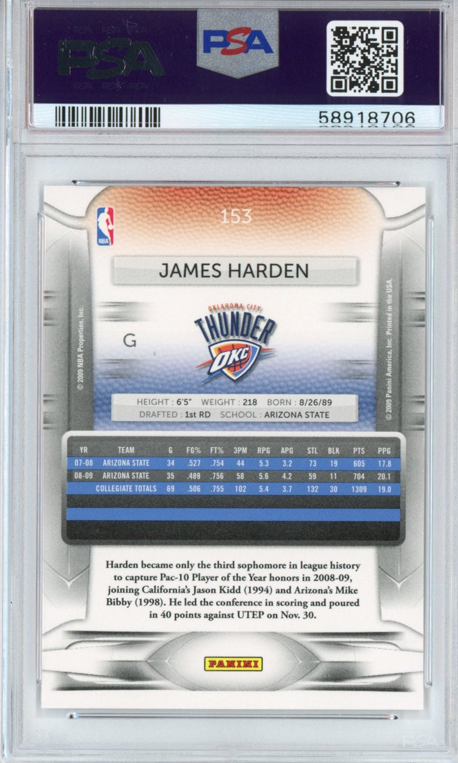 Graded 2009-10 Panini Prestige James Harden #153 Rookie RC Basketball Card PSA 10 Gem Mint