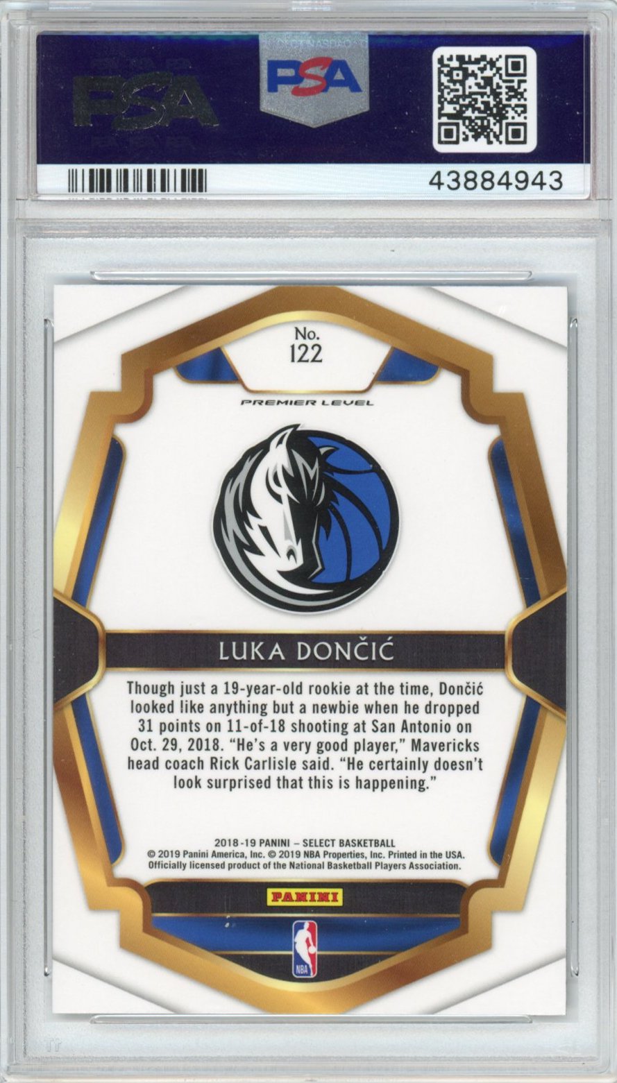 Graded 2018-19 Panini Select Luka Doncic #122 Premier Level Rookie RC Basketball Card PSA 10 Gem Mint