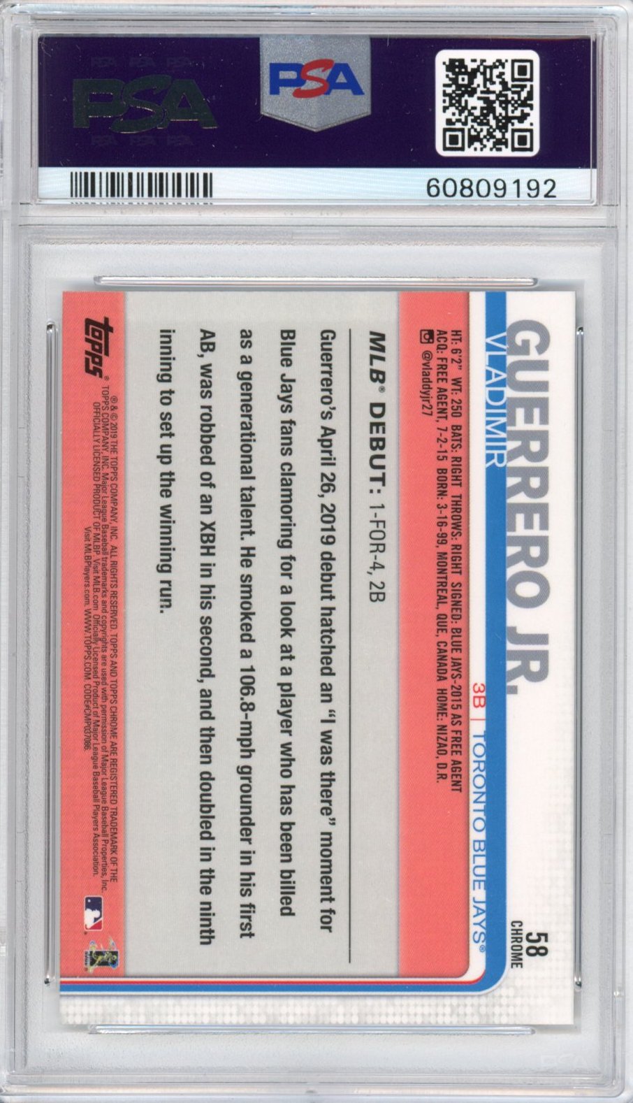 Graded 2019 Topps Chrome Update Vladimir Vlad Guerrero Jr. #58 Rookie RC Baseball Card PSA 10 Gem Mint