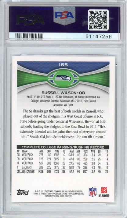 Graded 2012 Topps Russell Wilson #165 Passing Stands Visible Rookie RC Football Card PSA 10 Gem Mint