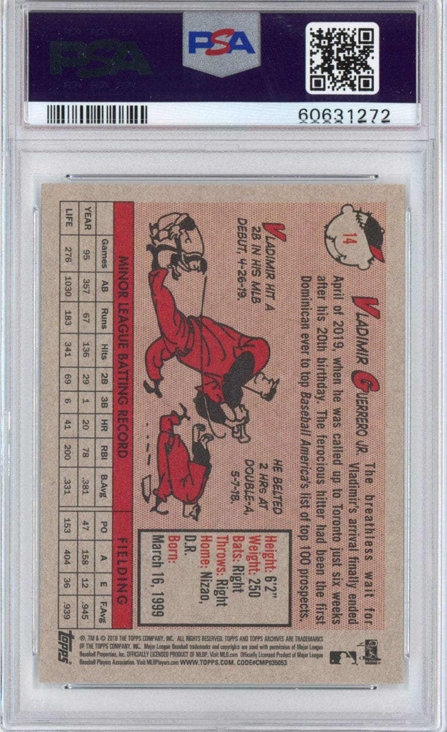 Graded 2019 Topps Archives Vladimir Vlad Guerrero Jr. #14 No Bat Rookie RC Baseball Card PSA 10 Gem Mint