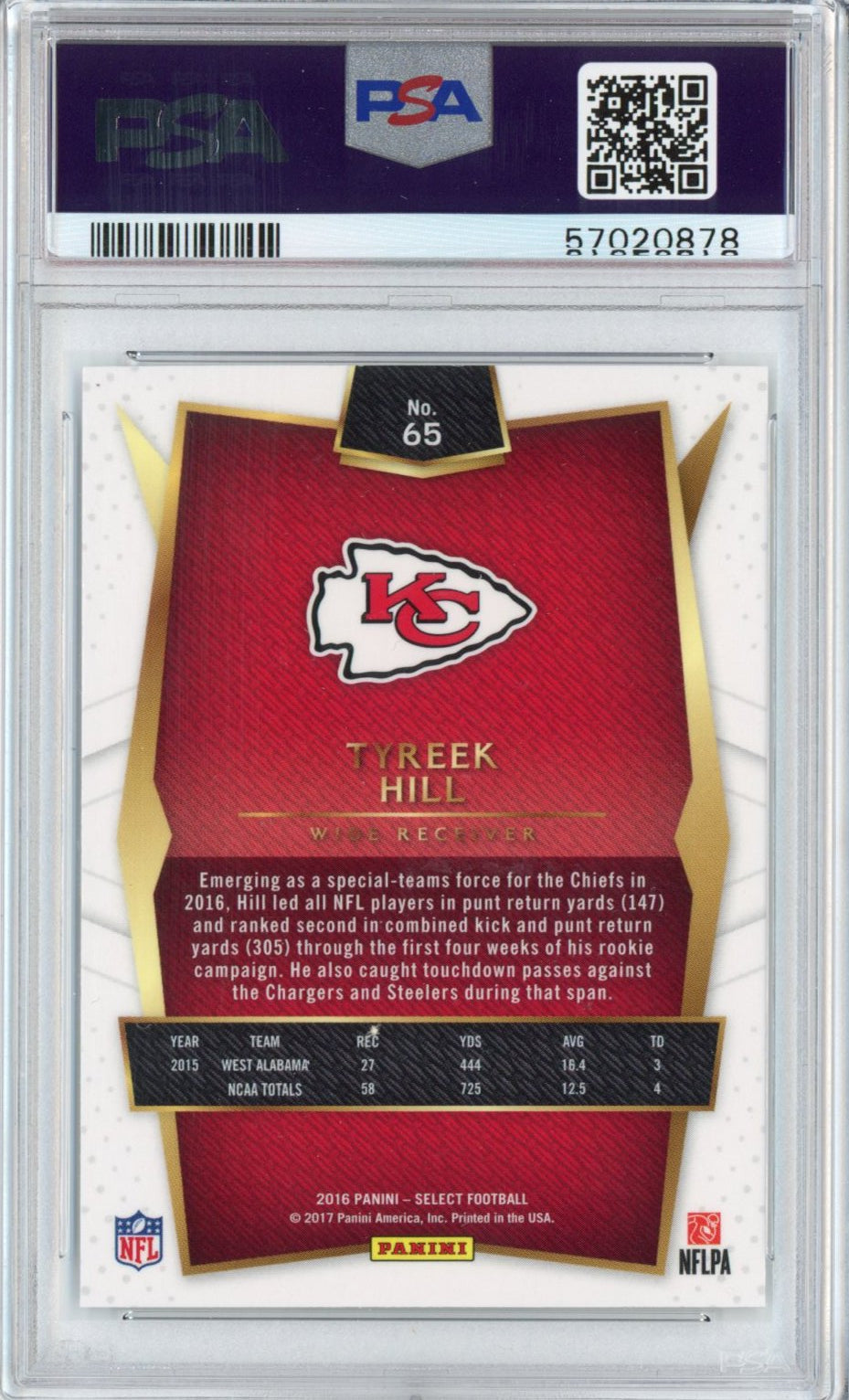 Graded 2016 Panini Select Tyreek Hill #65 Rookie RC Football Card PSA 10 Gem Mint