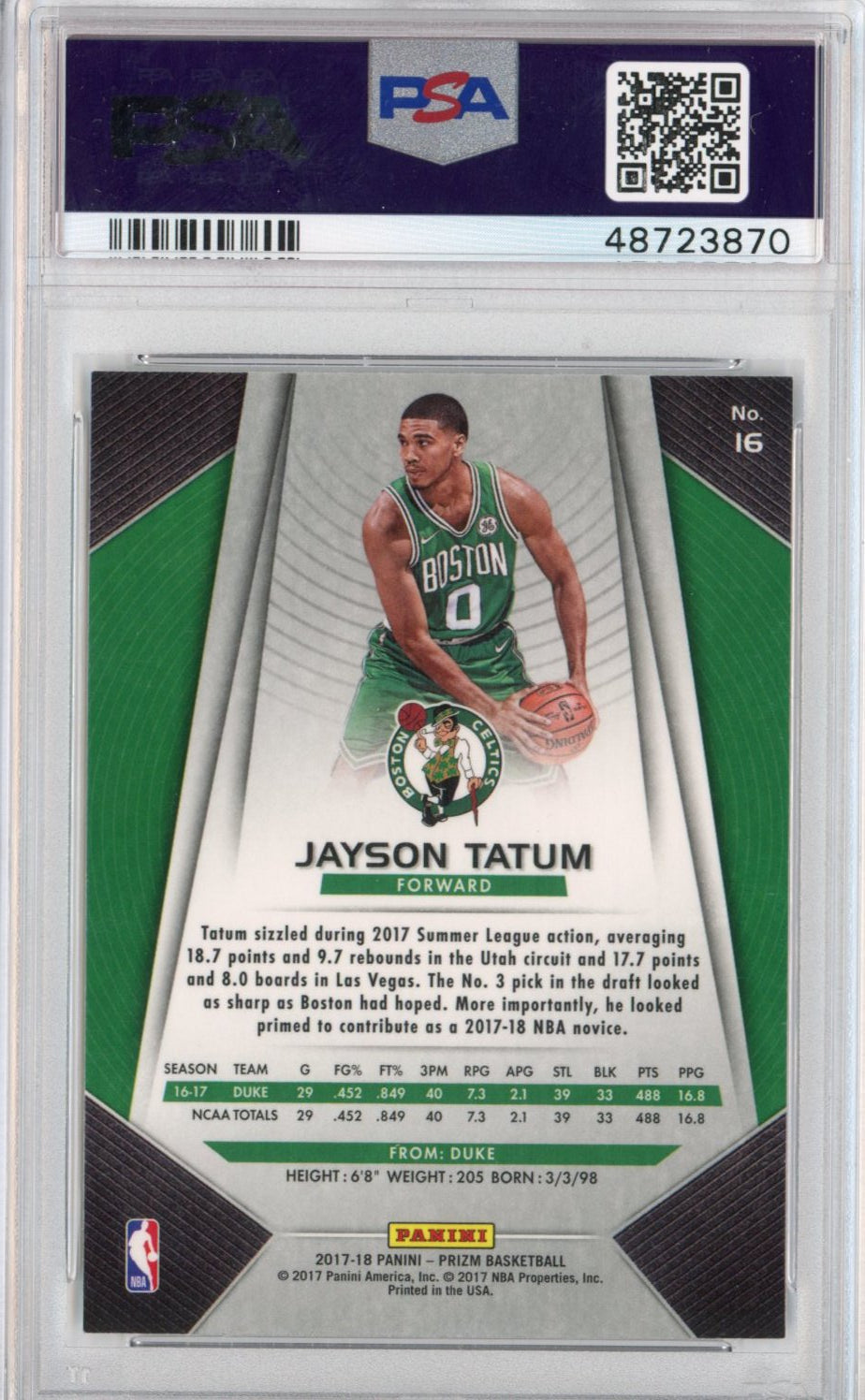 Graded 2017-18 Panini Prizm Jayson Tatum #16 Rookie RC Basketball Card PSA 10 Gem Mint