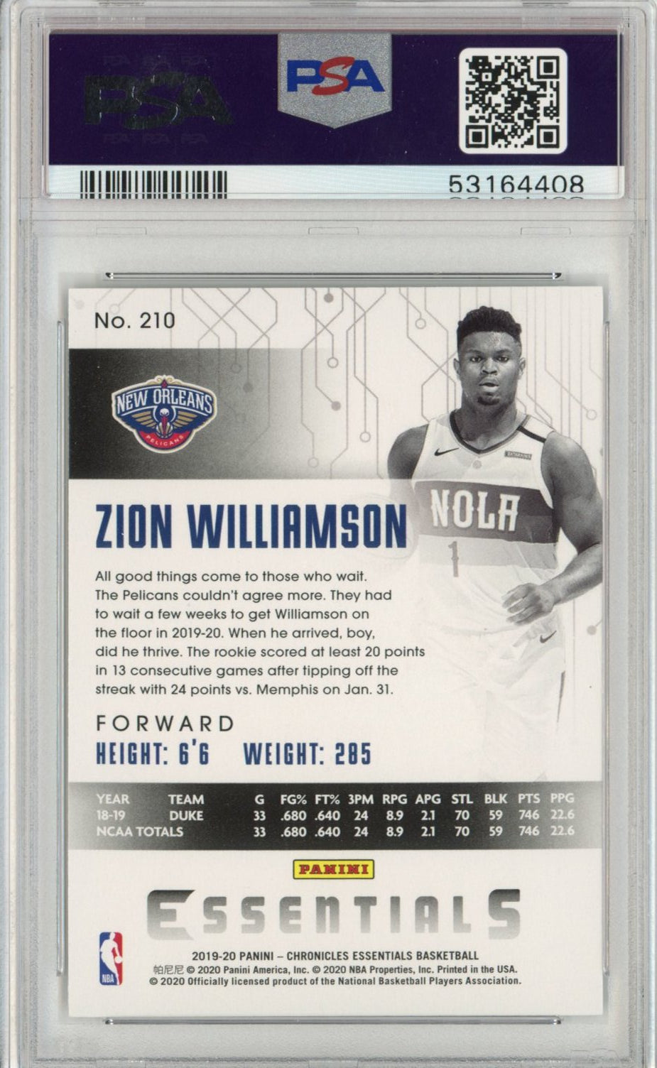 Graded 2019-20 Panini Chronicles Zion Williamson #210 Rookie RC Basketball Card PSA 10 Gem Mint
