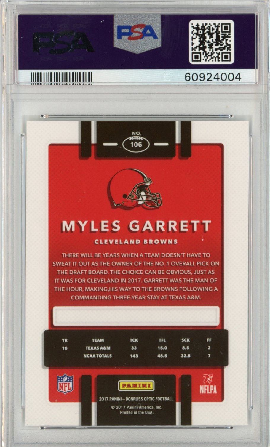 Graded 2017 Panini Donruss Optic Myles Garrett #106 Rookie RC Football Card PSA 10 Gem Mint