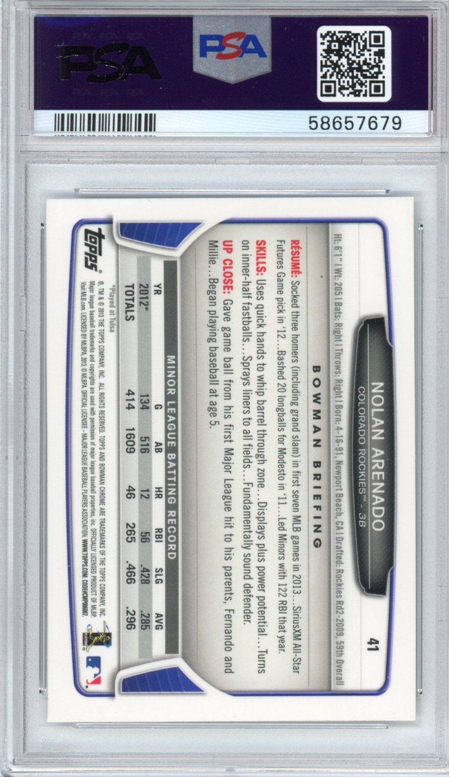 Graded 2013 Bowman Chrome Draft Picks & Prospects Nolan Arenado #41 Rookie RC Baseball Card PSA 10 Gem Mint