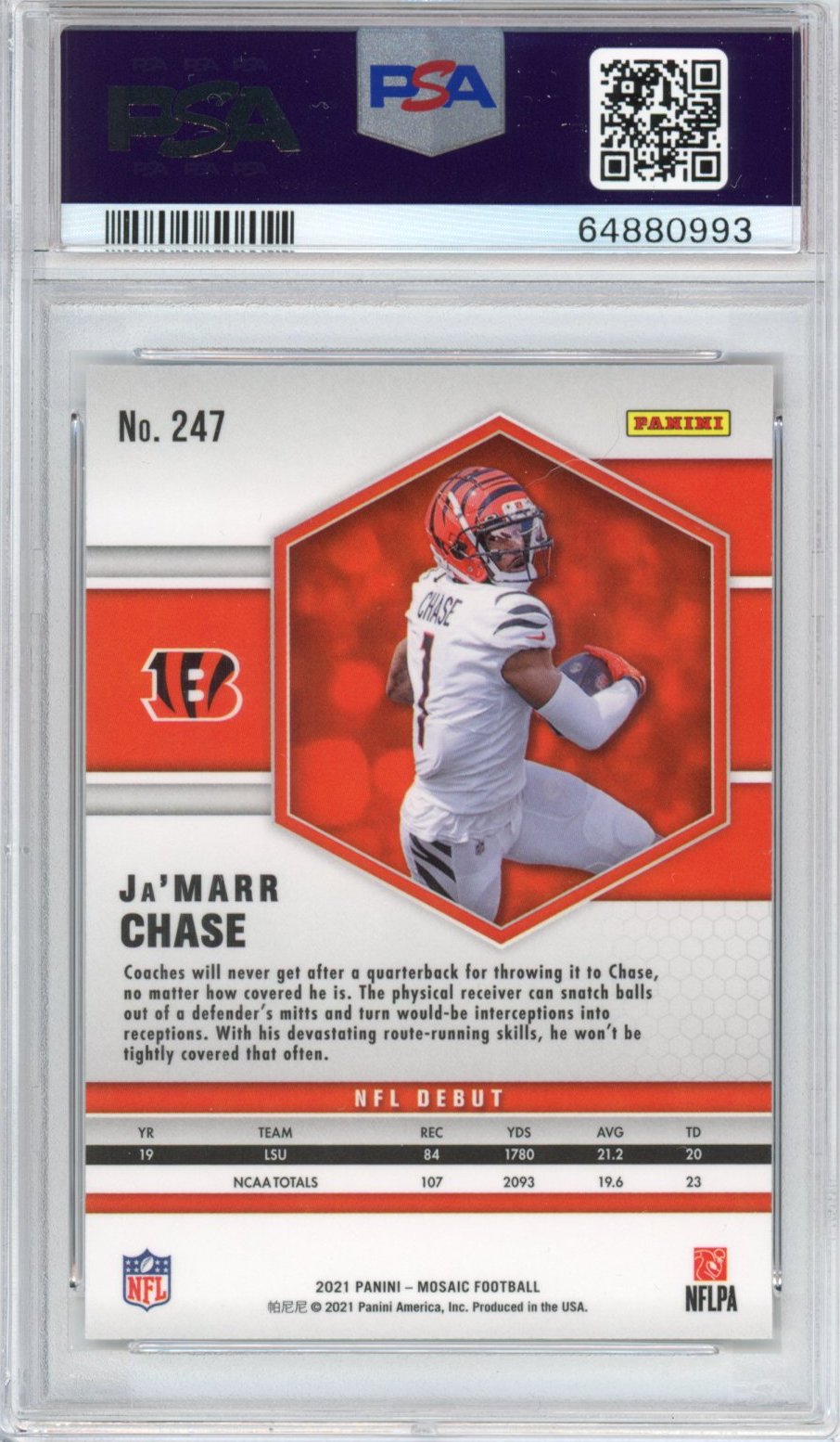 Graded 2021 Panini Mosaic Ja'Marr Chase #247 Rookie RC Football Card PSA 10 Gem Mint