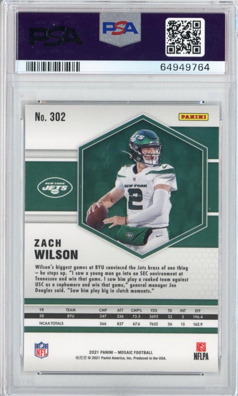Graded 2021 Panini Mosaic Zach Wilson #302 Rookie RC Football Card PSA 10 Gem Mint
