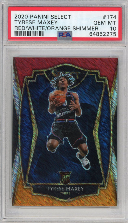 Graded 2020-21 Panini Select Tyrese Maxey #174 Red White Orange Shimmer Rookie RC Basketball Card PSA 10 Gem Mint