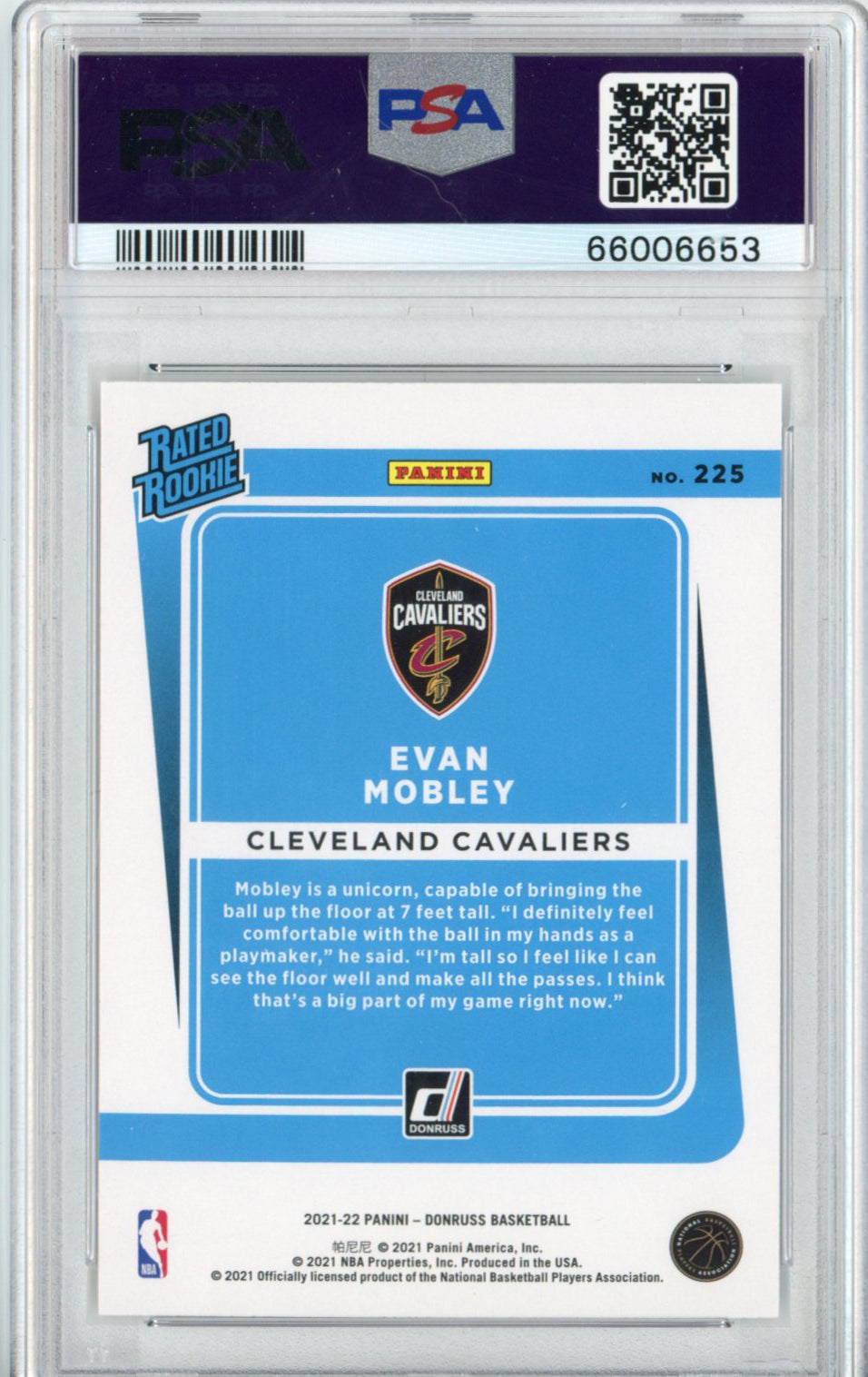 Graded 2021-22 Panini Donruss Evan Mobley #225 Rookie RC Basketball Card PSA 10 Gem Mint