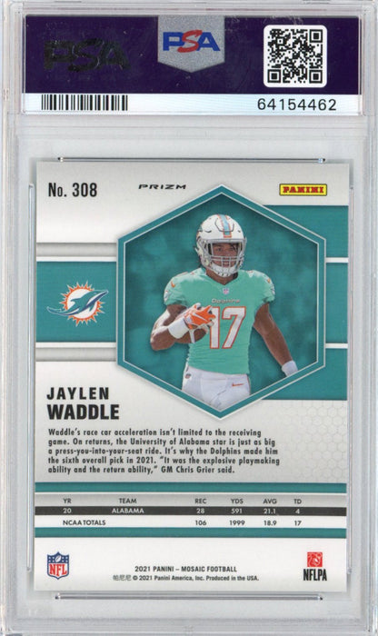 Graded 2021 Panini Mosaic Jaylen Waddle #308 Green Rookie RC Football Card PSA 10 Gem Mint