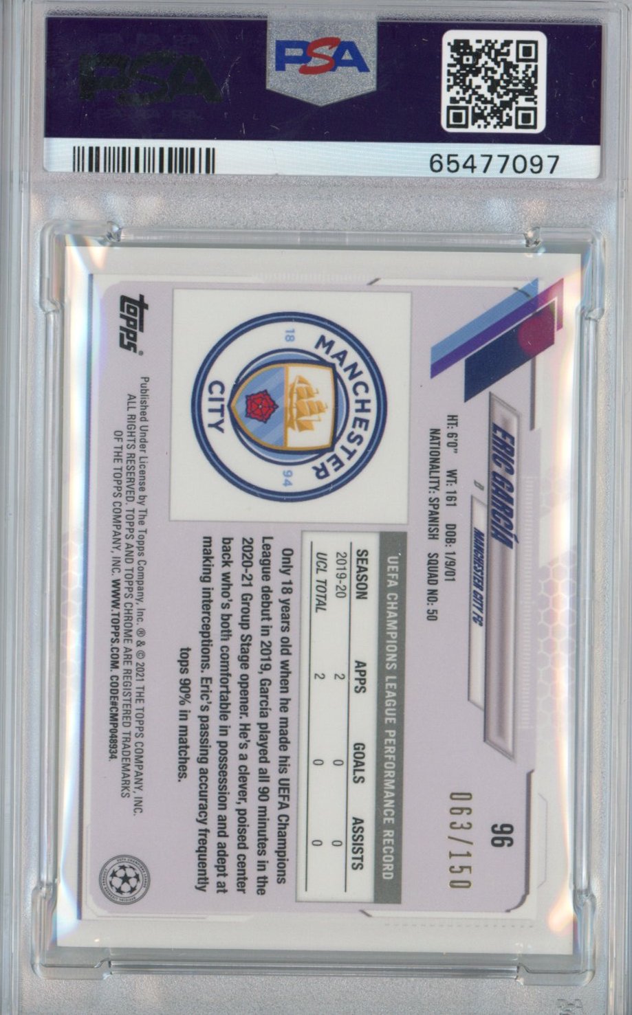 Graded 2020 Topps Chrome X Steve Aoki Eric Garcia #96 Aqua Rookie RC Soccer Card PSA 10 Gem Mint