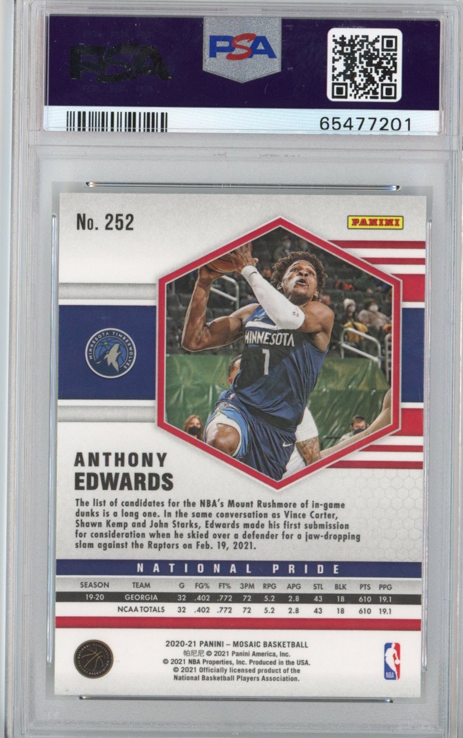 Graded 2020-21 Panini Mosaic Anthony Edwards #252 Rookie RC Basketball Card PSA 10 Gem Mint
