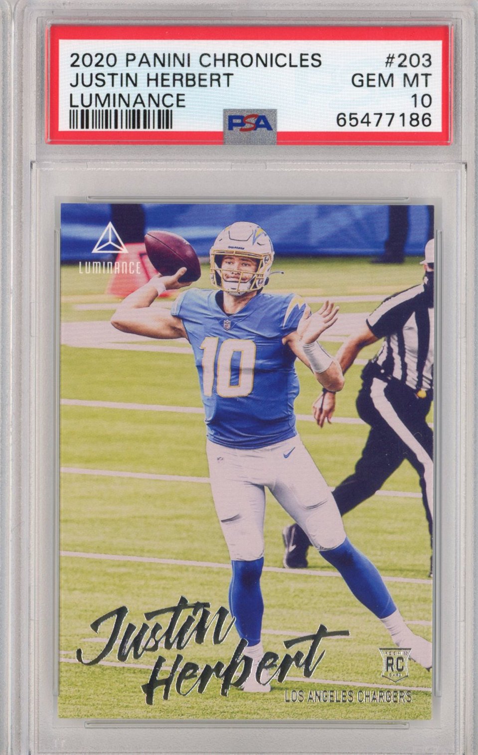 Graded 2020 Panini Chronicles Justin Herbert #203 Luminance Rookie RC Football Card PSA 10 Gem Mint