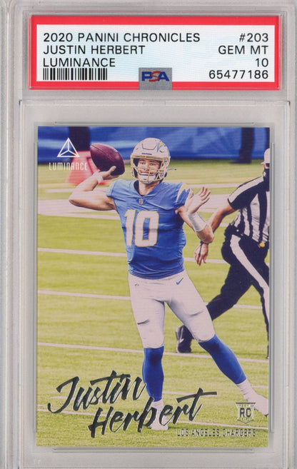 Graded 2020 Panini Chronicles Justin Herbert #203 Luminance Rookie RC Football Card PSA 10 Gem Mint