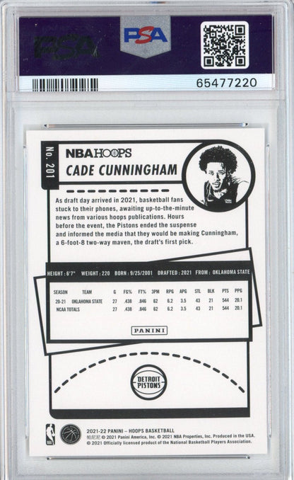 Graded 2021-22 Panini NBA Hoops Cade Cunningham #201 Rookie RC Basketball Card PSA 10 Gem Mint
