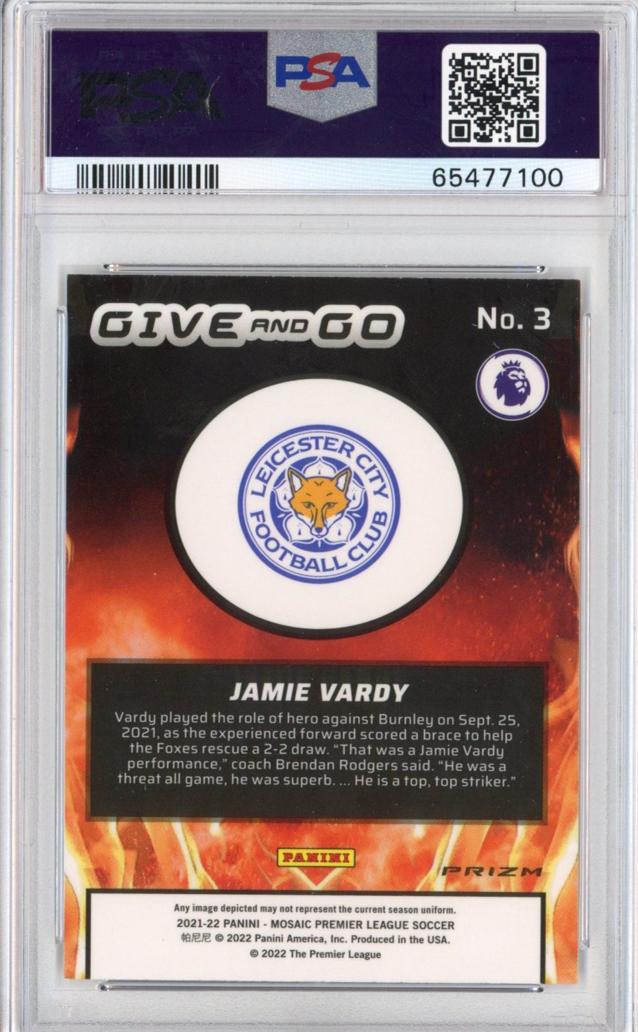 Graded 2021-22 Panini Mosaic Premier League Jamie Vardy #3 Give And Go Soccer Card PSA 10 Gem Mint