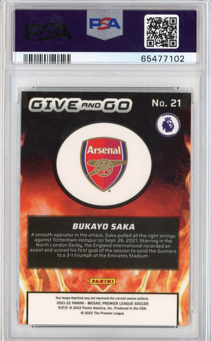 Graded 2021-22 Panini Mosaic Premier League Bukayo Saka #21 Give And Go Rookie RC Soccer Card PSA 10 Gem Mint