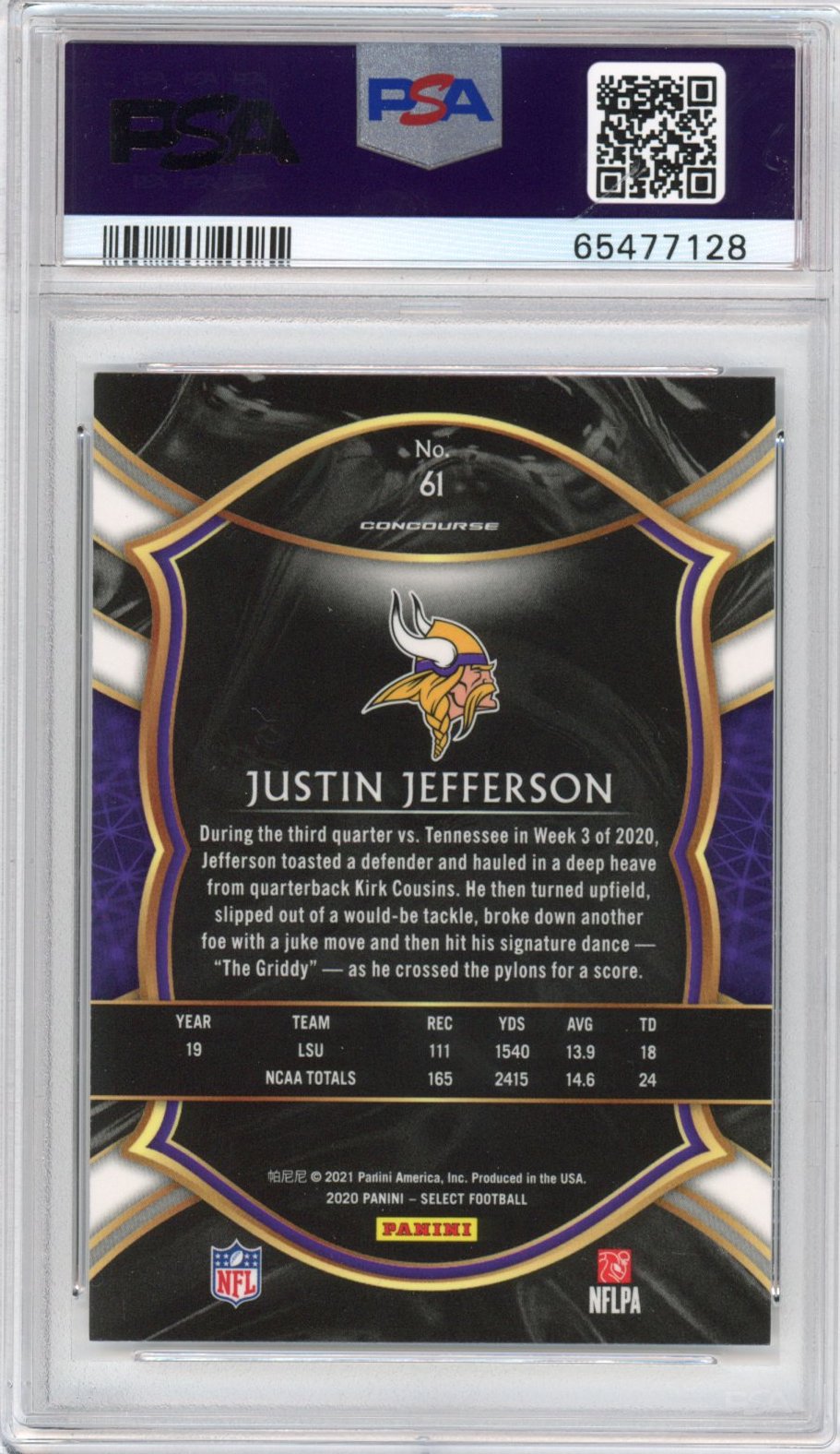 Graded 2020 Panini Select Justin Jefferson #61 Concourse Rookie RC Football Card PSA 10 Gem Mint