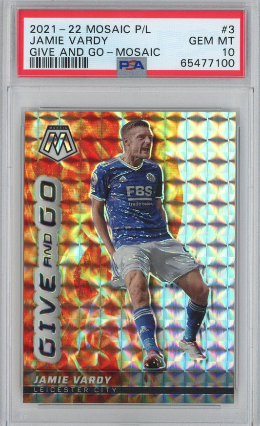 Graded 2021-22 Panini Mosaic Premier League Jamie Vardy #3 Give And Go Soccer Card PSA 10 Gem Mint