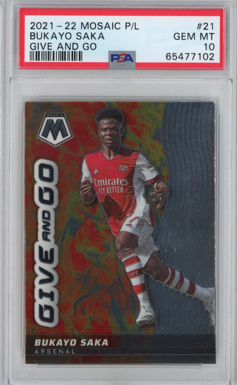 Graded 2021-22 Panini Mosaic Premier League Bukayo Saka #21 Give And Go Rookie RC Soccer Card PSA 10 Gem Mint