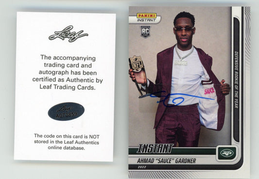 Autographed/Signed 2022 Panini Instant Ahmad Sauce Gardner #269 Rookie of the Year RC Auto Football Card Leaf COA
