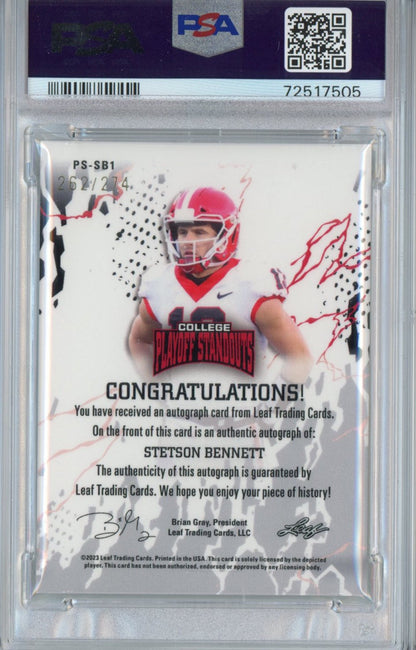 Graded 2023 Leaf College Playoff Standouts Stetson Bennett #SB1 Autographed  #/274 Rookie RC Football Card PSA/DNA 10 Gem Mint Auto Grade 9