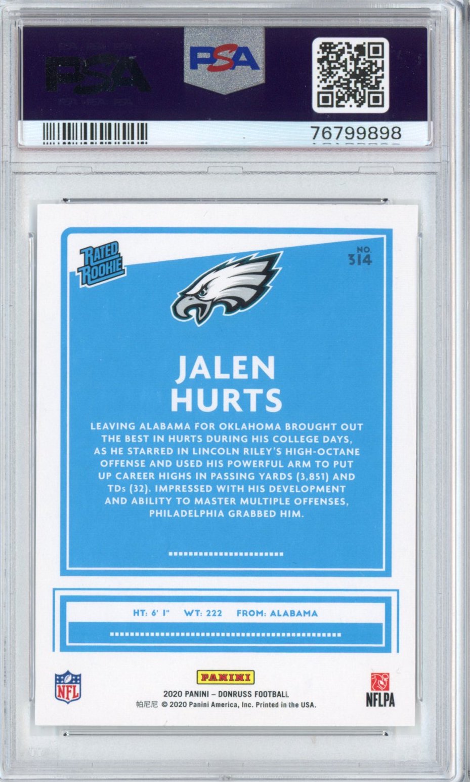 Graded 2020 Panini Donruss Jalen Hurts #314 Canvas Rookie RC Football Card PSA 10 Gem Mint