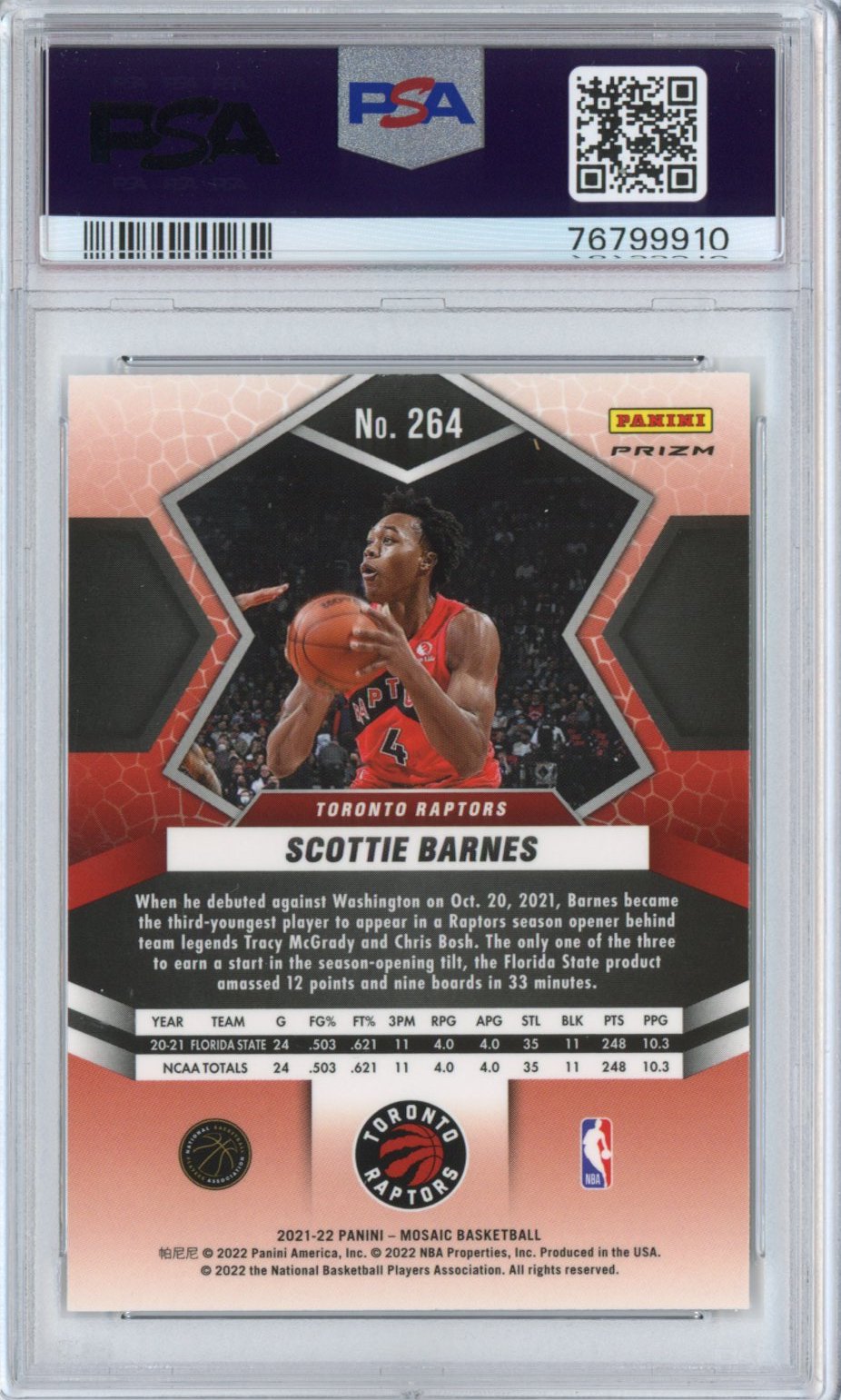 Graded 2021-22 Panini Mosaic Scottie Barnes #264 Green Rookie RC Basketball Card PSA 10 Gem Mint