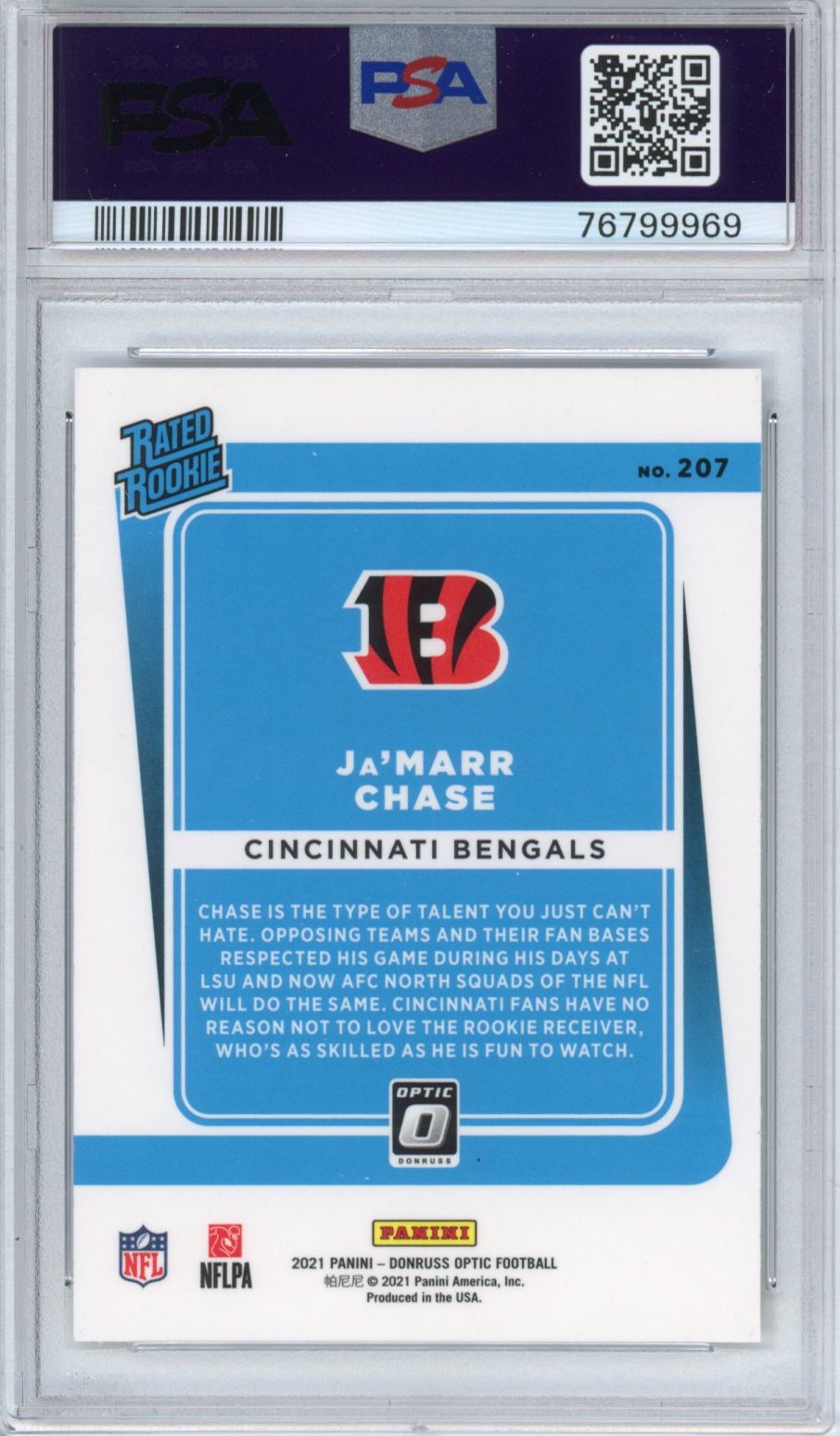 Graded 2021 Panini Donruss Optic Ja'Marr Chase #207 Rookie RC Football Card PSA 10 Gem Mint