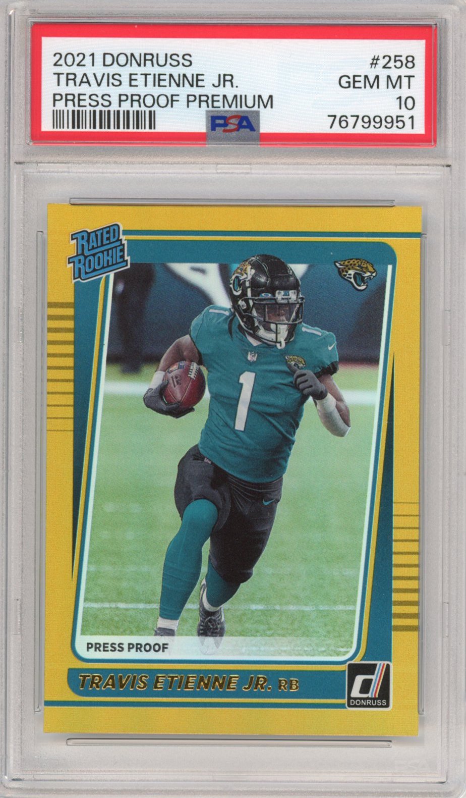 Graded 2021 Panini Donruss Travis Etienne Jr. #258 Press Proof Premium Rated Rookie RC Football Card PSA 10 Gem Mint