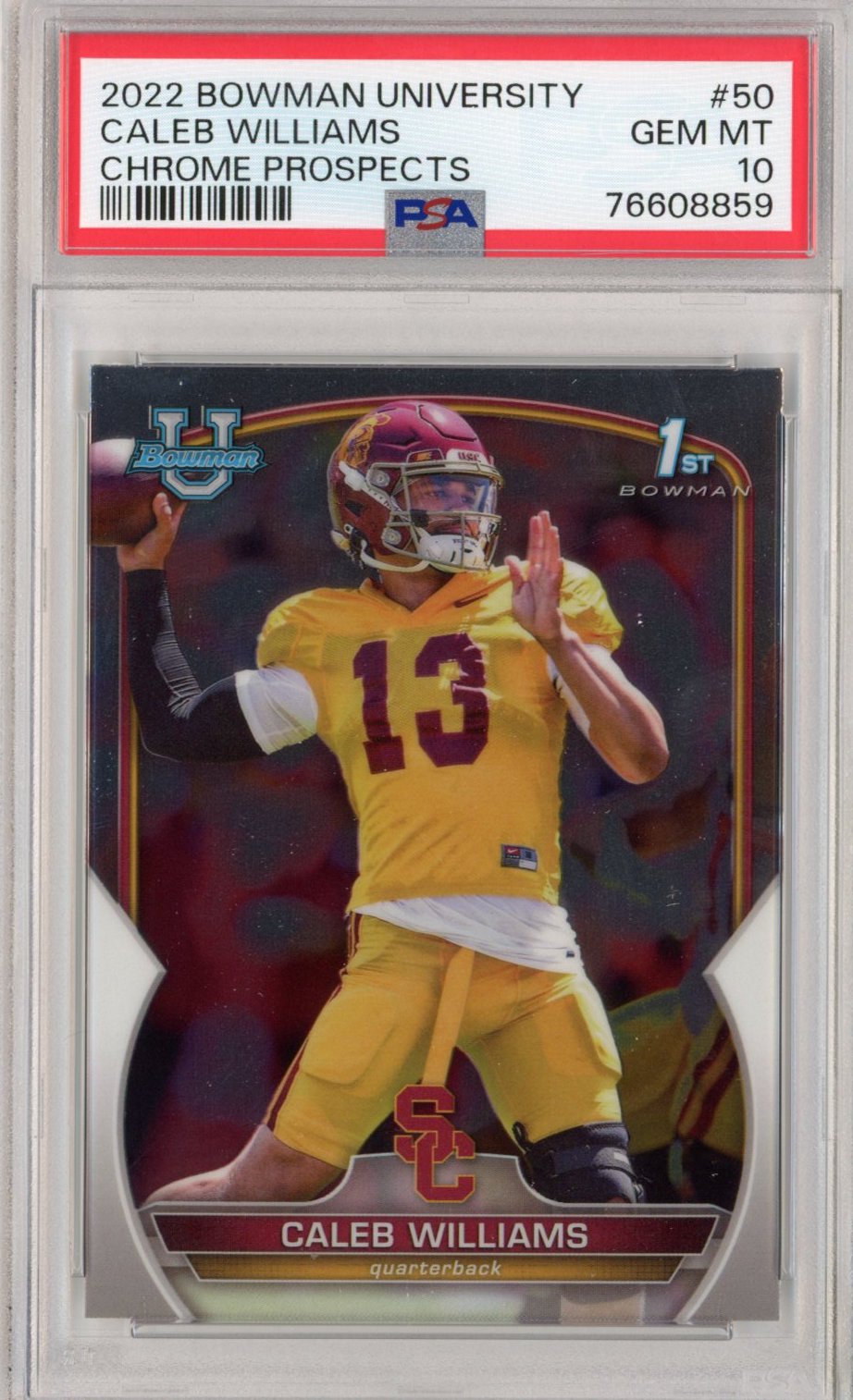 Graded 2022 Topps Bowman University Caleb Williams #50 Chrome Prospects Rookie RC Football Card PSA 10 Gem Mint