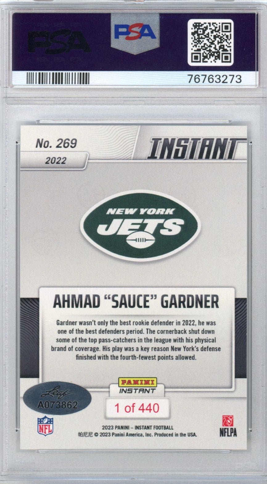 Graded 2022 Panini Instant Ahmad Sauce Gardner #269 Rookie RC Football Card PSA 10 Auto Gem Mint