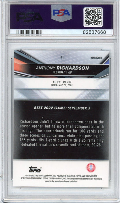 Graded 2022 Bowman Best University Anthony Richardson #91 Refractor Rookie RC Football Card PSA 9 Mint