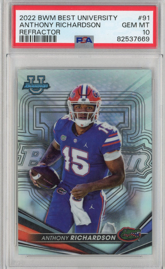 Graded 2022 Bowman Best University Anthony Richardson #91 Refractor Rookie RC Football Card PSA 10 Gem Mint