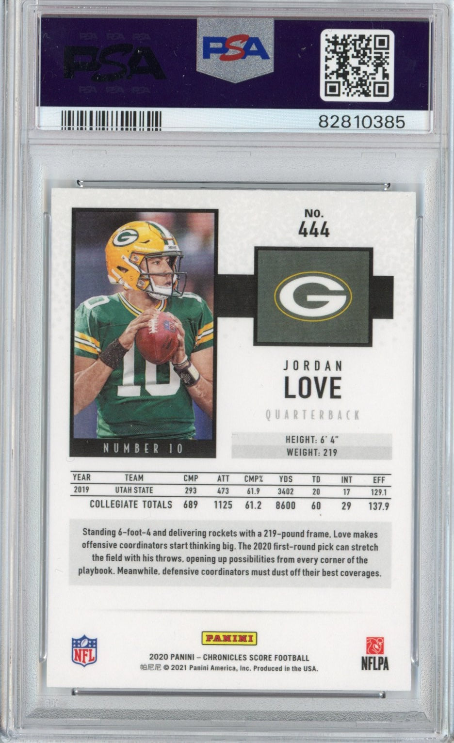 Graded 2020 Panini Chronicles Jordan Love #444 Score Rookie RC Football Card PSA 10 Gem Mint