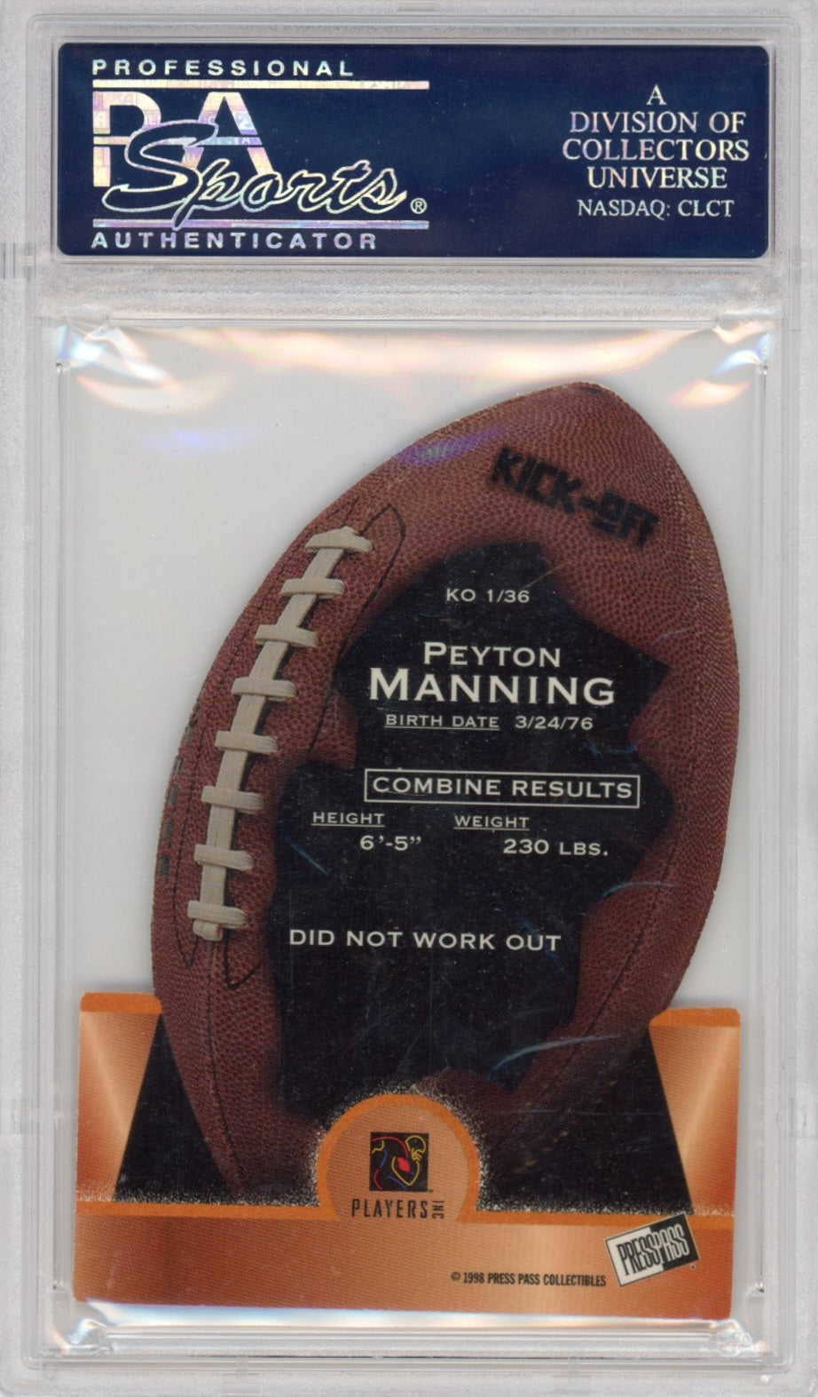 Graded 1998 Press Pass Peyton Manning #KO1 Kick Off Rookie RC Football Card PSA 10 Gem Mint