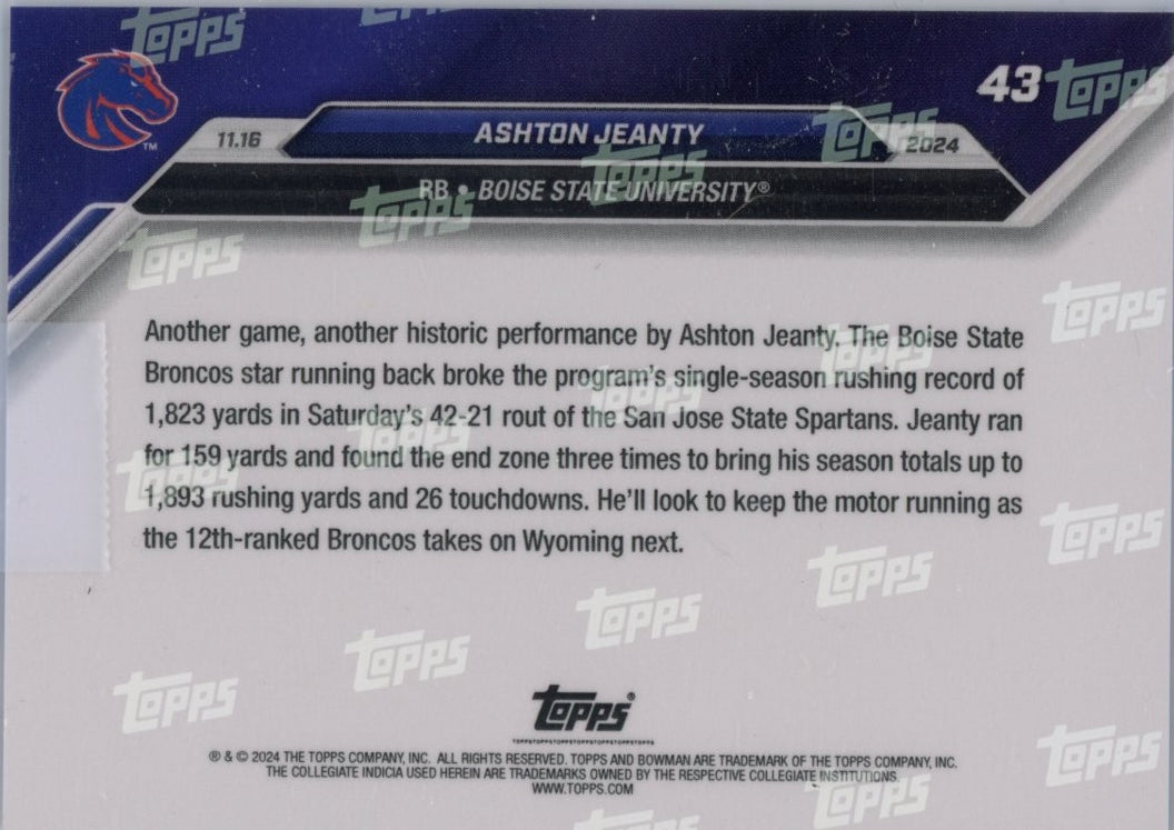 2024 Topps Bowman U Now Ashton Jeanty #43 Blue #/49 Boise State Broncos Rookie RC Football Card