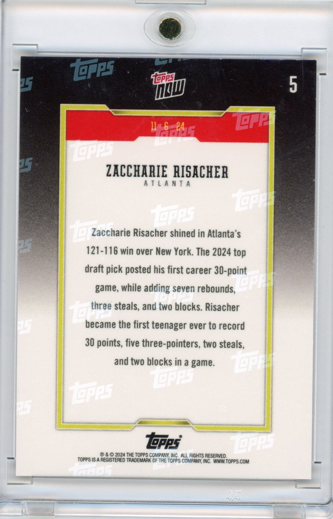 2024 Topps Now Zaccharie Risacher #5 Gold #/50 Rookie RC Basketball Card
